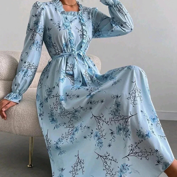 Floral Print Patchwork Ruffle Hem Long Sleeve Midi Casual Dress - Picture 1 of 6